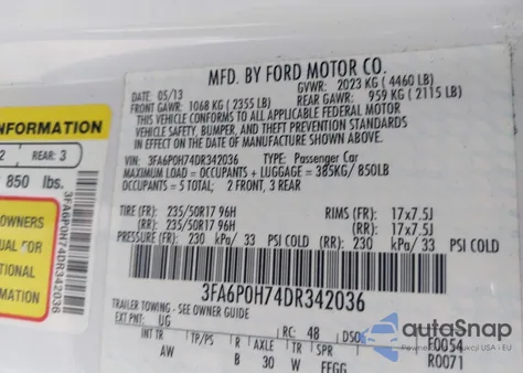 2013 Ford Fusion Se from USA, damaged, VIN 3FA6P0H74DR342036